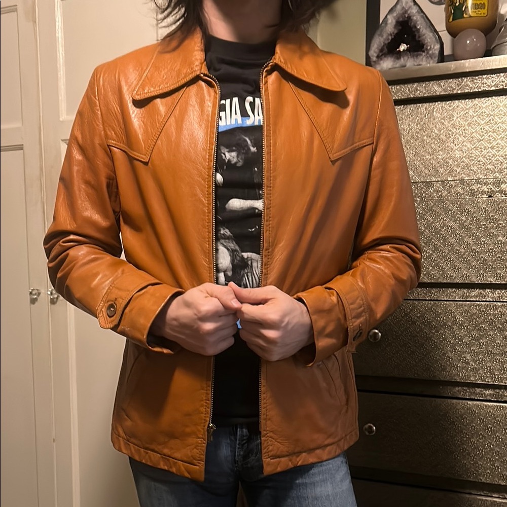 Vintage tan leather jacket, western 70s